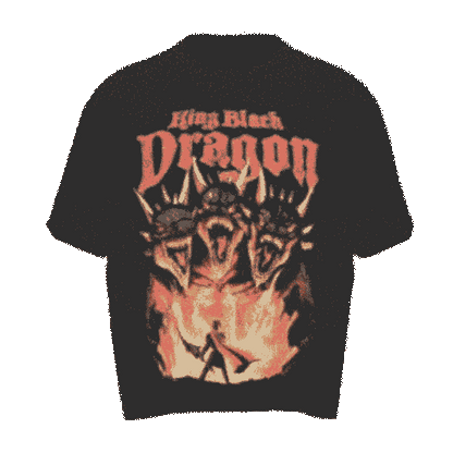 Rotating 3D model of King Black Dragon vintage style graphic on a black t-shirt.
