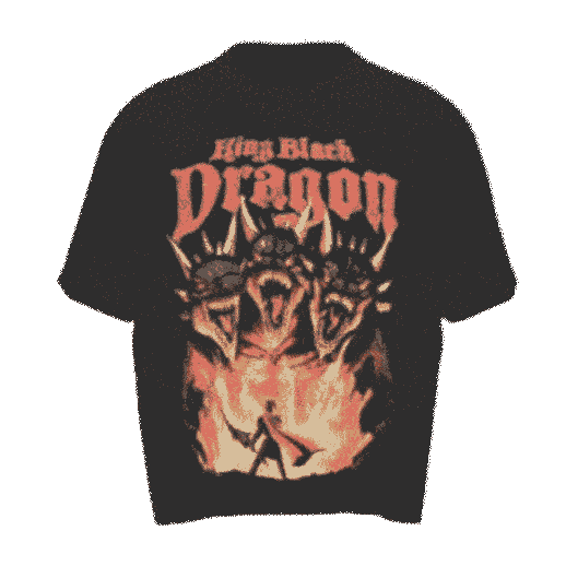 Rotating 3D model of King Black Dragon vintage style graphic on a black t-shirt.